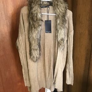 Boohoo Faux Fur Trim Cardigan Sweater